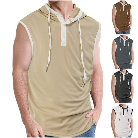 BXINGOHAI Men's Workout Hooded Tank Tops Sleeveless Gym Hoodies Bodybuilding Muscle Shirts Khaki,M