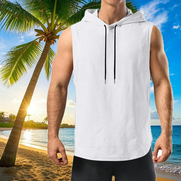 BXINGOHAI Men's Workout Hooded Tank Tops Sleeveless Gym Muscle Hoodies Sleeveless Lightweight Summer T Shirts White,XL