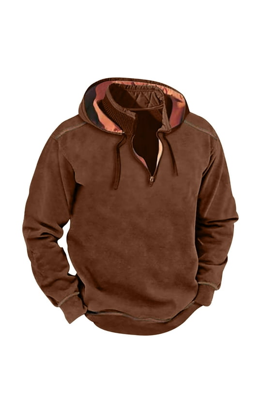 Mens 1/4 Zip Hoodies Thin Fleece Hooded Sweatshirt Color Block Long Sleeve Pullover Shirts Fall Winter Tops With Kangaroo Pocket Beige,M