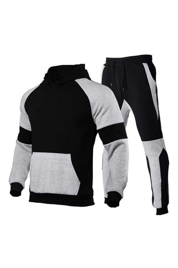 Mens 2 Piece Sweatsuits Patchwork Long Sleeve Tracksuits Slim Fit Pullover Hoodies Elastic Waist Pants Match Outfits Outdoor Jogging Sports Sets Today Black,S