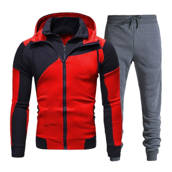 BXINGOHAI Mens 2 Pieces Sets Color Block Long Sleeve Hoodies Sweatsuits Full Zip Sweatshirts and Elastic Waist Sweatpants Outdoor Jogging Outfit Red,XXL