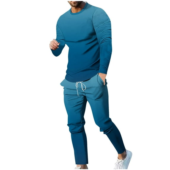 BXINGOHAI Mens 2 Pieces Sets Fashion Gradient Outfits Big and Tall Crewneck Pullover Shirts Drawstring Elastic Waist Pants 2024 Casual Streetwear Tracksuit Today Sales Blue,L
