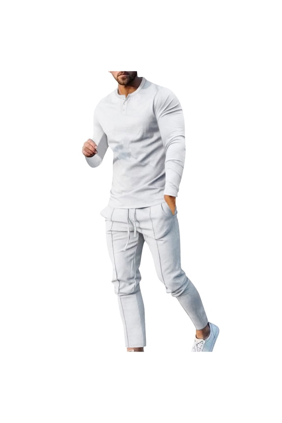 Mens 2 Pieces Sets Fashion Solid Long Sleeve T-Shirt Set Quarter Zip Up Crewneck Shirts Drawstring Pants Match Set Solid Casual Outfits White,L