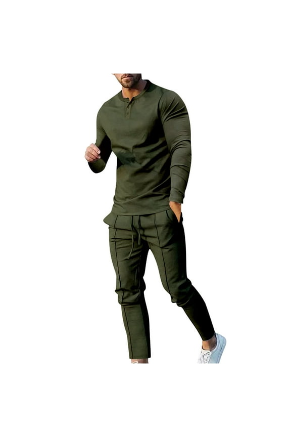 Mens 2 Pieces Sets Fashion Solid Long Sleeve T-Shirt Set Quarter Zip Up Crewneck Shirts Drawstring Pants Match Set Solid Casual Outfits Army Green,XL