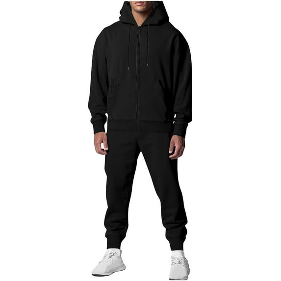 BXINGOHAI Mens 2 Pieces Sweatsuits Cotton Breathable Tracksuits Solid Big And Tall Hoodies Pullover Sweatshirts And Elastic Waist Sweatpants Athletic Running Workout Sets With Pocket Black,M