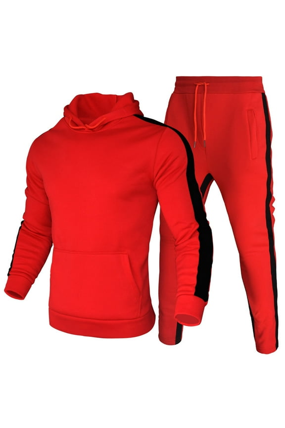 Mens 2 Pieces Sweatsuits Fall Winter Patchwork Tracksuits Pocket Drawstring Long Sleeve Sweatshirts And Elastic Waist Sweatpants Outfits Athletic Running Sports Sets Red,M