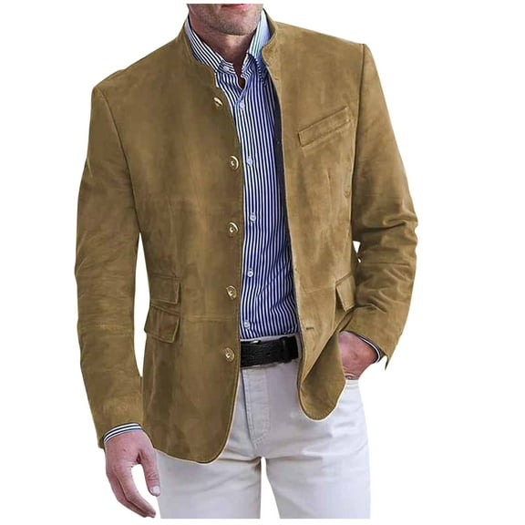 BXINGOHAI Mens Blazer Jacket Faux Leather Suit Jacket Casual Buttons Suede Sport Blazer Coat with Pockets Khaki L