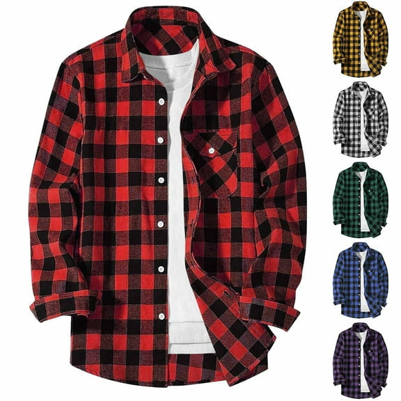 BXINGOHAI Mens Button Down Shirts Fit Long Sleeve Casual Plaid Flannel Shirt Red XL