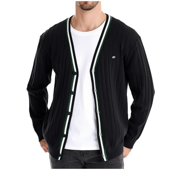 BXINGOHAI Mens Cardigan Sweater cotton Knit V Neck Buttons Cardigan fall winter outdoor lounge Sweaters with Pockets Black,L