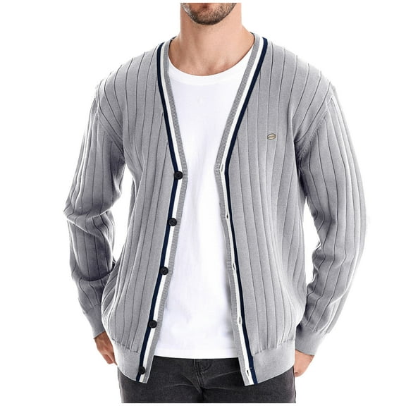 BXINGOHAI Mens Cardigan Sweater cotton Knit V Neck Buttons Cardigan fall winter outdoor lounge Sweaters with Pockets Today Gray,L