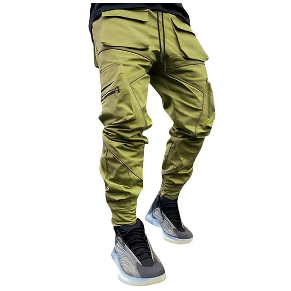 BXINGOHAI Mens Cargo Pants Casual Drawstring Workout Pants Solid Lose Fit Pants 2024 Outdoor Running Hiking Long Pant With Zip Pockets Army Green,L