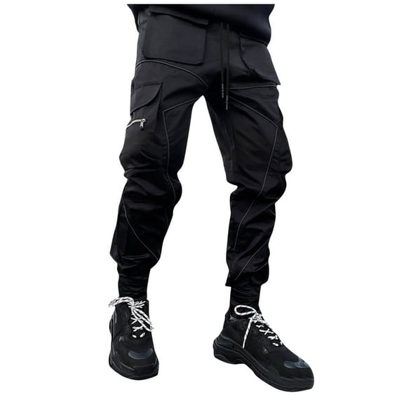 BXINGOHAI Mens Cargo Pants Casual Drawstring Workout Pants Solid Lose Fit Pants 2024 Outdoor Running Hiking Long Pant With Zip Pockets Black,M