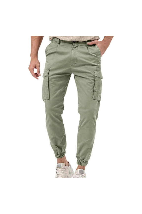 Mens Cargo Pants Drawstring Workout Pants Casual Solid Tapered Pants 2024 Outdoor Running Hiking Long Pant With Button and Pockets Green,S