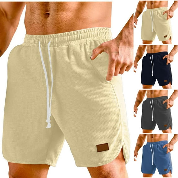 BXINGOHAI Mens Casual Athletic Shorts Inseam Waffle Elastic Waist Drawstring Workout Sweat Shorts Clearance Sale Beige,L
