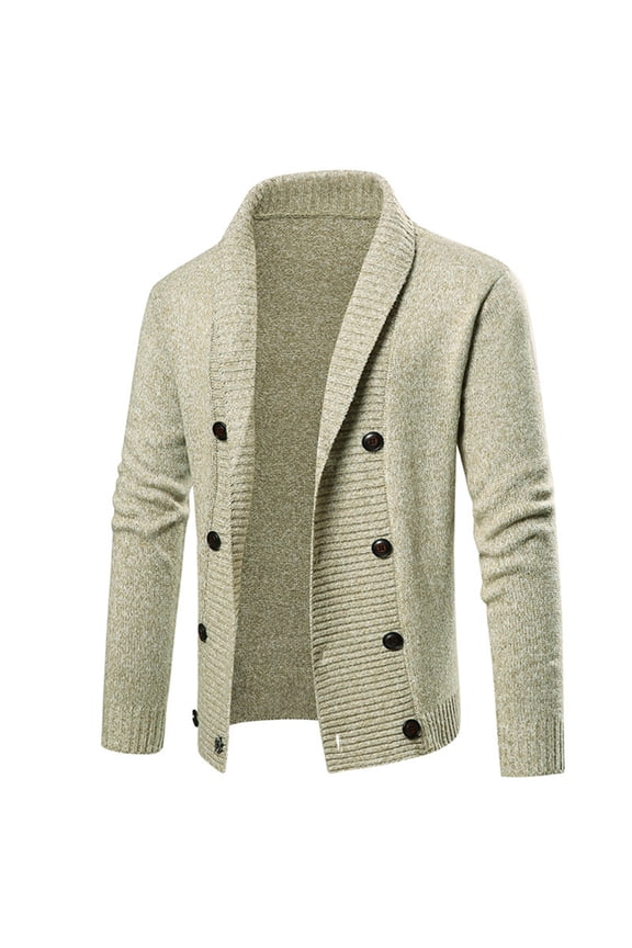 Mens Casual Double-Breasted Knit Cardigan Fashion Shawl Collar Knitted Sweater Fall Slim Fit Cardigan Sweater Khaki,L