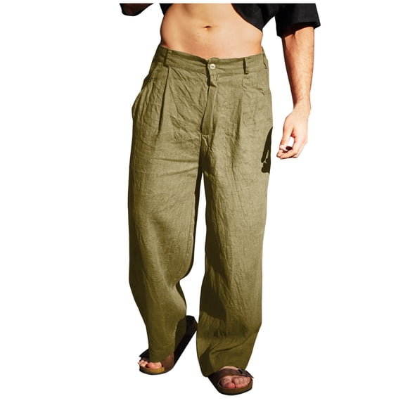 BXINGOHAI Mens Casual Elastic Waist Drawstring Pants Cotton Linen Baggy Lounge Pants Beach Trousers with Pockets Today Green,XXXL