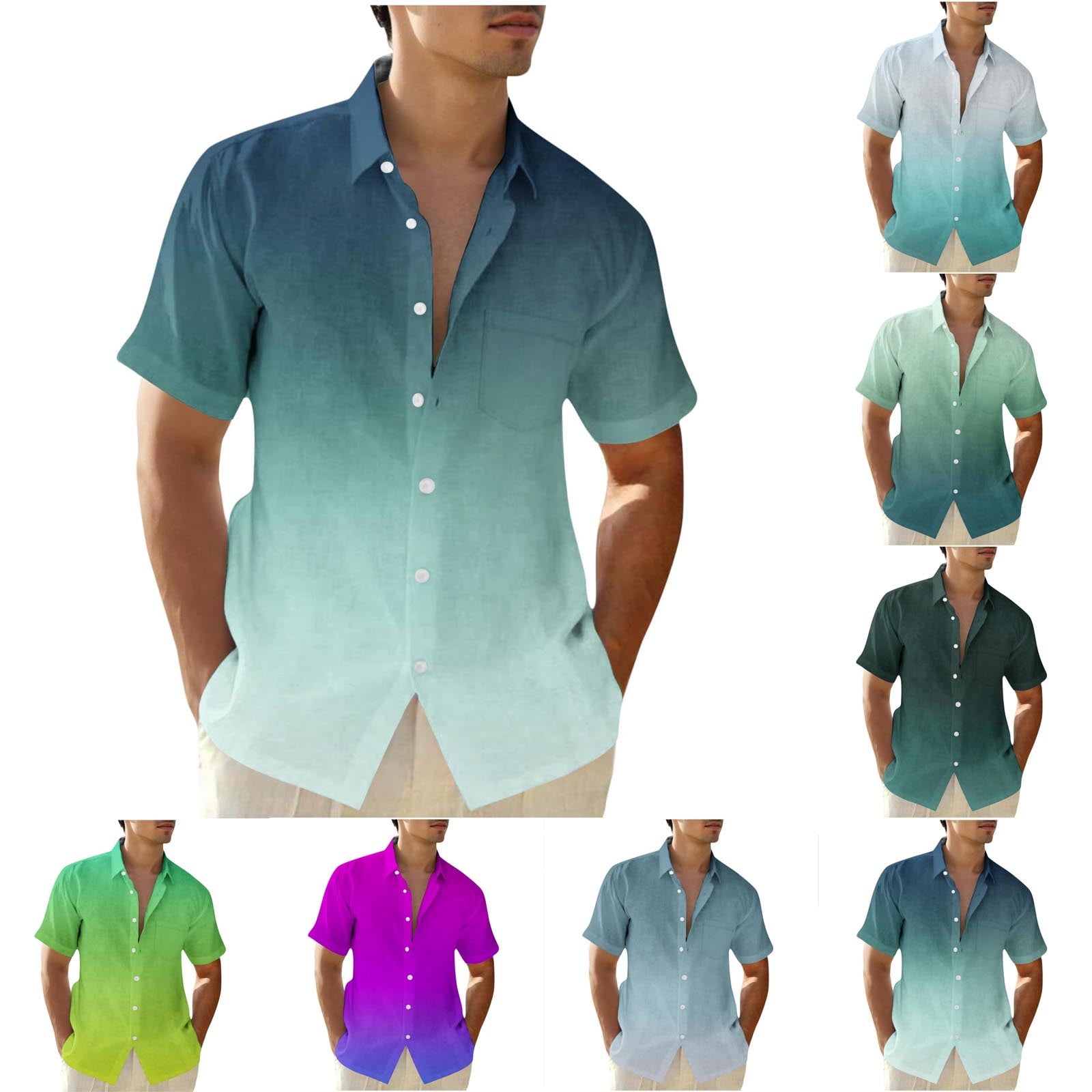 Men's Yellow Gradient Short Sleeve Cotton Button-Up Casual Shirt