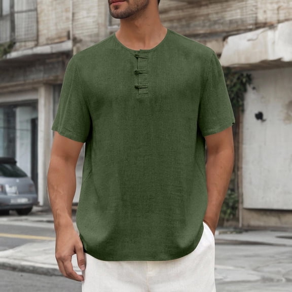 BXINGOHAI Mens Casual Henley Shirts Linen Short Sleeve V Neck Collar Shirt Beach Summer Lightweight Tops Army Green,XXL
