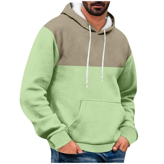 BXINGOHAI Mens Casual Hoodies Sweatshirts Thin Fleece Pullover Sweatshirt Color Block Long Sleeve Hooded Outdoor Daily Tops With Pocket Drawstring Today Deals Green,XL