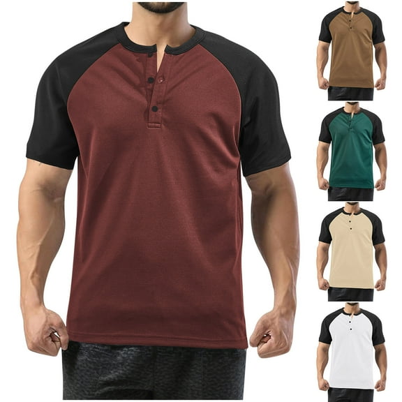 BXINGOHAI Mens Casual Slim Fit T Shirts Short Sleeve Button Tees Color Block Workout Fashion Shirt Today Brown,L