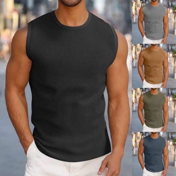BXINGOHAI Mens Casual Tank Tops Ribbed Knit Sleeveless Shirt Lightweight Tee Summer Muscle T-Shirts Today Sales Army Green,L