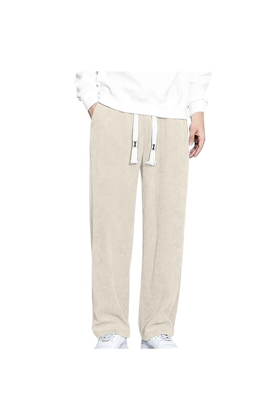 Mens Corduroy Pants Elastic Waist Drawstring Pants Solid Casual Sweat Length Pants 2024 Fashion Running Pants Today Sales Beige,M