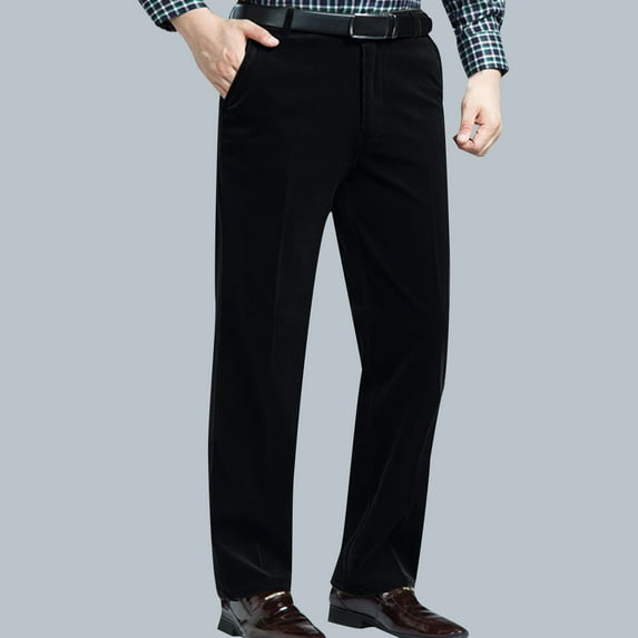 BXINGOHAI Mens Corduroy Straight Leg Pants Long Solid Elastic Waist Casual Pants Loose Fit Going Out Pants with Pockets Today Black,M