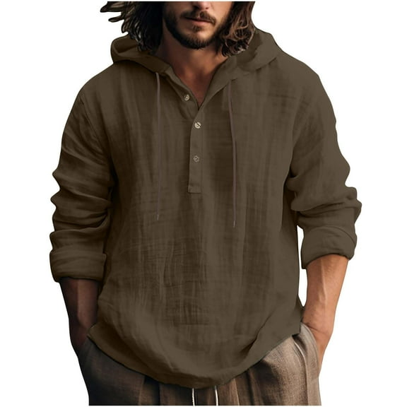BXINGOHAI Mens Cotton Linen Hoodie Blouse Breathable Long Sleeve Hooded Shirts Solid Basic With Button Pullover Tops Casual Outdoor Sweatshirt Coffee,L