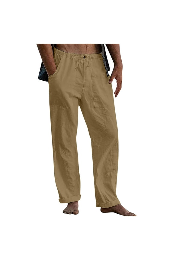 Mens Cotton Linen Pants Big And Tall Solid Pants Breathable Drawstring Pants Elastic Waistband Pants Athletic Running Pants With Pocket Yellow,XXXXXL