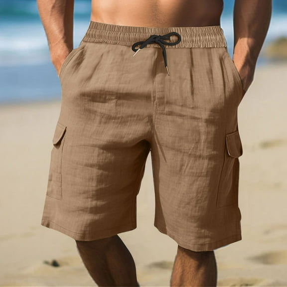 BXINGOHAI Mens Cotton Linen Shorts Casual Drawstring 7Inch Inseam Shorts Stretch Summer Beach Wear Khaki,S