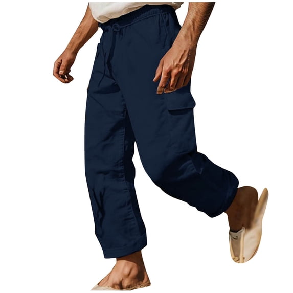 BXINGOHAI Mens Cotton Pants Casual Elastic Waist Drawstring Lightweight Summer Beach Trousers with Pockets Dark Blue,M