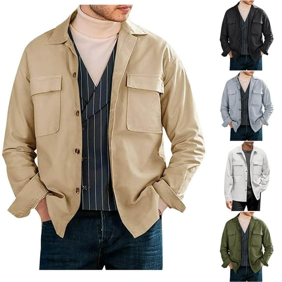 BXINGOHAI Mens Cotton Shirts Casual Lapel Collar Button Down Cotton Shacket Jacket Today Khaki,M