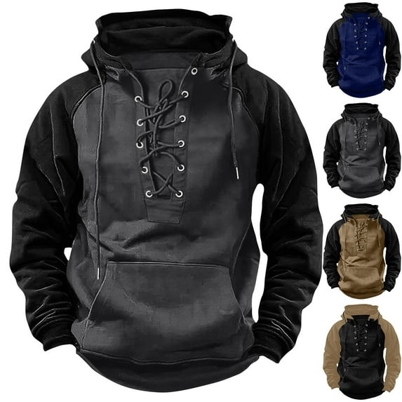 BXINGOHAI Mens Distressed Tactical Hoodies Sweatshirts Vintage Lace Up Long Sleeve Casual Pullover Outdoor Shirts Khaki,S