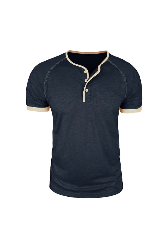 Mens Fashion Casual Front Placket Basic Short Sleeve Henley T-Shirts Dark Blue,S