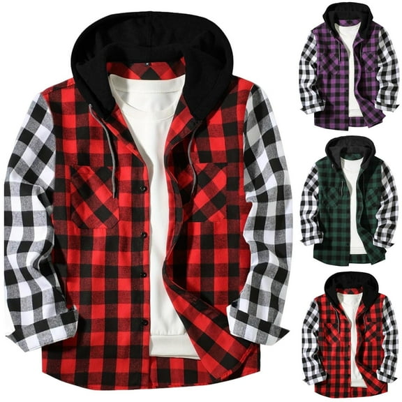 BXINGOHAI Mens Flannel Hoodie Shirt Casual Button Down Plaid Jacket Shirts Stylish Long Sleeve Shirts with Pocket Red,M
