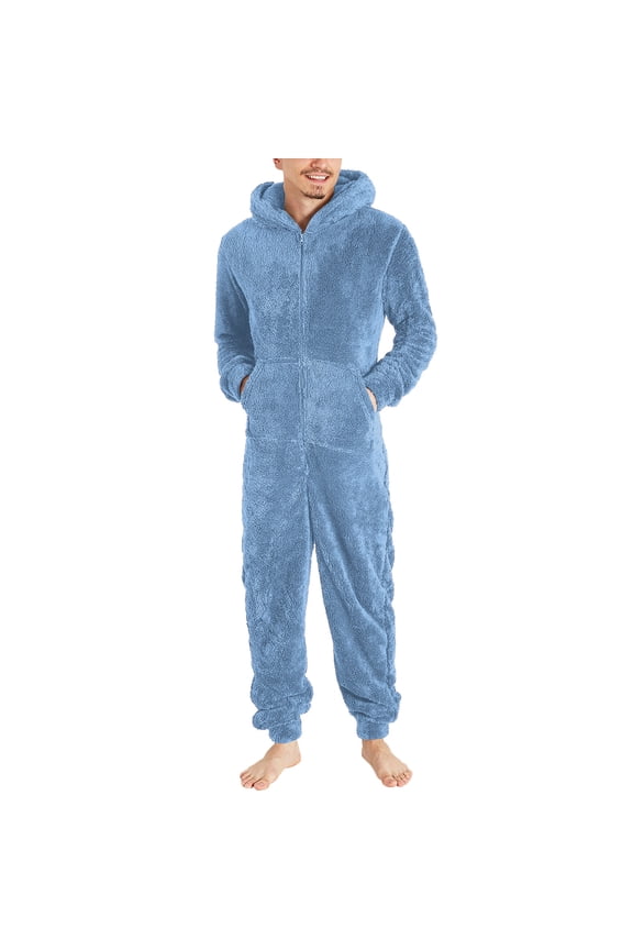 Mens Fleece One Piece Pajamas Oversized Hoodies Sweatshirts Full Zip Long Sleeve Jumpsuit Fall Winter Onesie Pajamas Today Sales Blue,XXXXXL