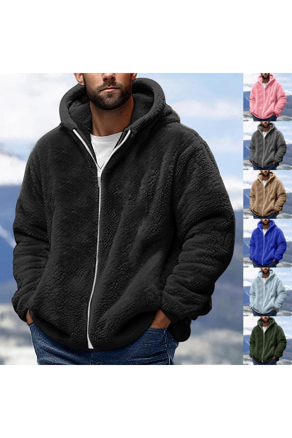 Mens Fuzzy Sherpa Jacket Cardigan Fleece Long Sleeve Full Zip Open Front Thermal Coat Fall Winter Outwear Black,S