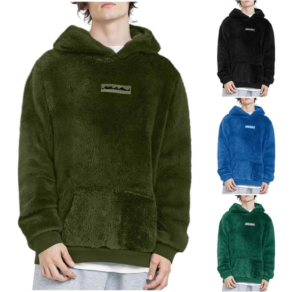 BXINGOHAI Mens Fuzzy Sherpa Pullover Hoodie Sweatshirts Long Sleeve Kangaroo Pocket Winter Fall Outwear Hooded Black L