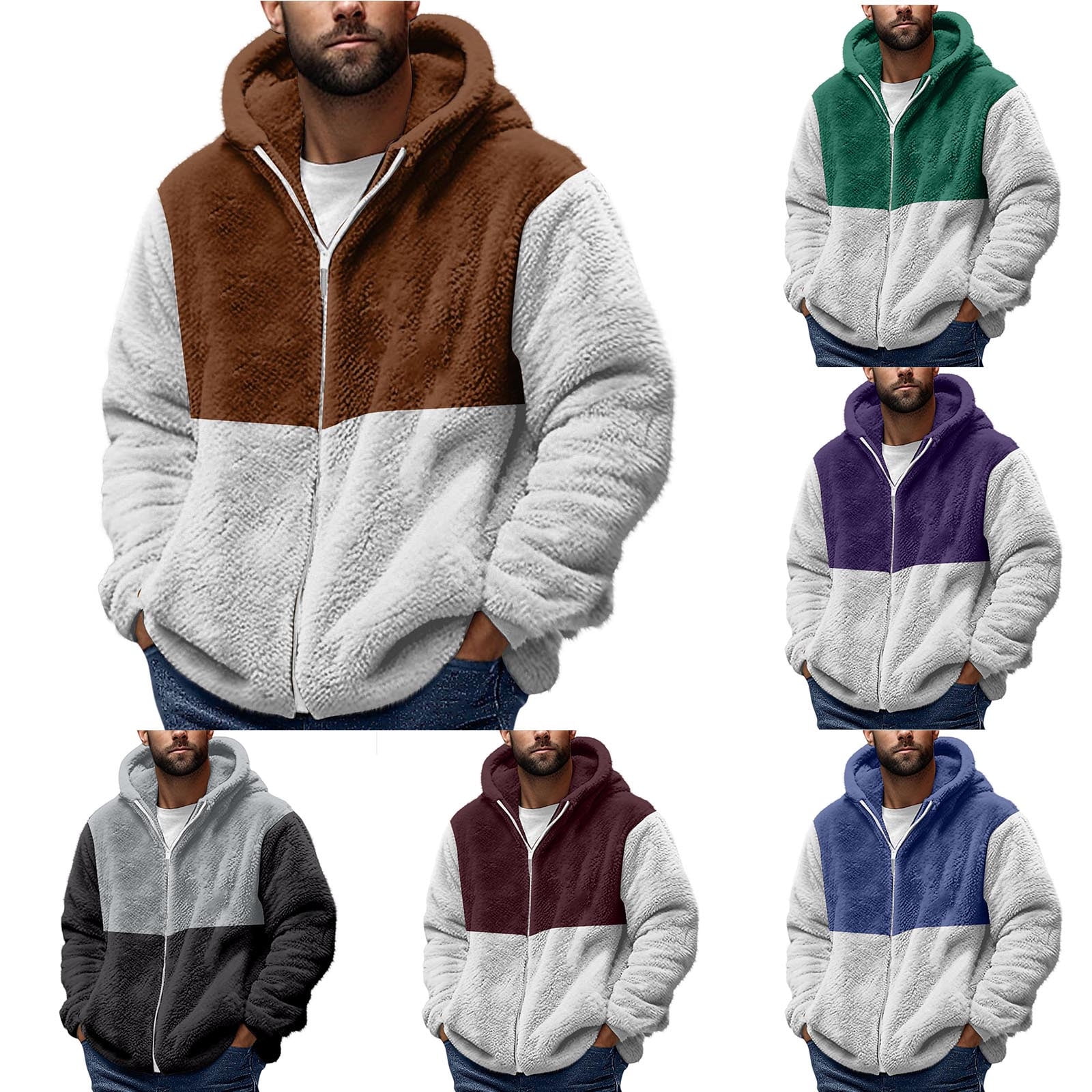 BXINGOHAI Mens Fuzzy Sherpa Pullover Hoodies Full Zip Up Fluffy Big and Tall Hooded Sweatshirts with Pockets Brown,4XL