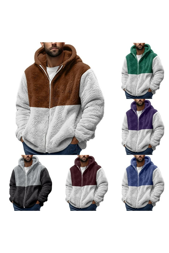 Mens Fuzzy Sherpa Pullover Hoodies Full Zip Up Fluffy Big and Tall Hooded Sweatshirts with Pockets Wine,L