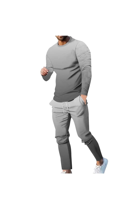 Mens Gradient 2 Pieces Sets Falol Winter T-Shirt Set Crewneck Long Sleeve Shirts Drawstring Pants Match Set Outdoor Casual Daily Outfits Gray,L