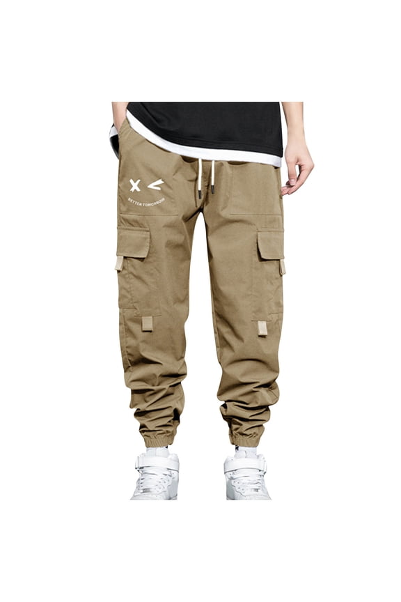 Mens Graphic Cargo Pants Hip Hop Harem Pants Casual Drawstring Multiple Pocket Work Pants High Waisted Street Long Pants