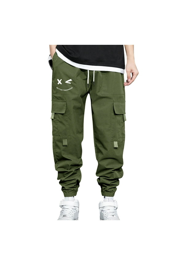 Mens Graphic Cargo Pants Hip Hop Harem Pants Casual Drawstring Multiple Pocket Work Pants High Waisted Street Long Pants