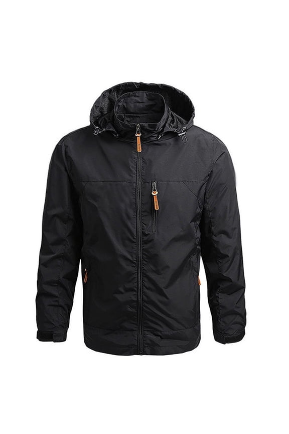 Mens Hooded Jacket With Zip Pockets Solid Long Sleeved Windbreaker Coats Big And Tall Jackts Sport Running Hiking Outwear Today Black,L