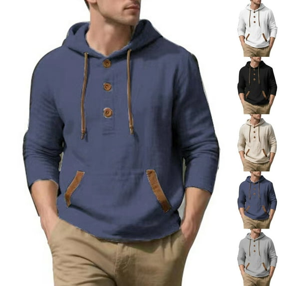 BXINGOHAI Mens Hoodie Pullover Long Sleeve Casual Henley Shirts Slim Fit Hooded Athletic Shirt with Drawstring White 2XL