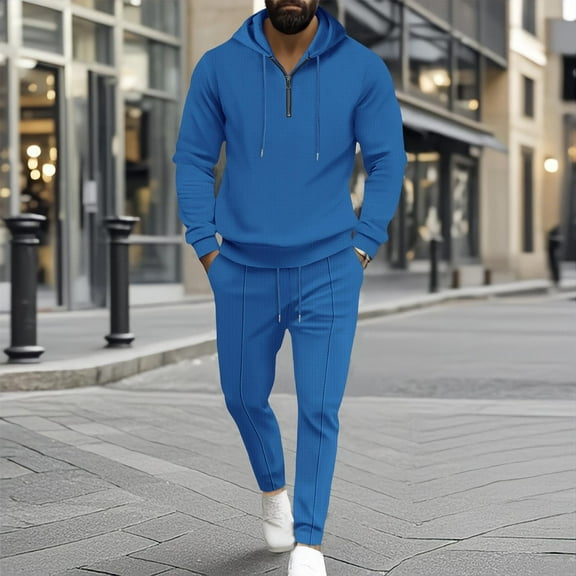 BXINGOHAI Mens Hoodies 2 Piece Fashion Casual Solid Long Sleeve Hooded Collar Set Blouse and Pants Suit Set Sale Blue,3XL