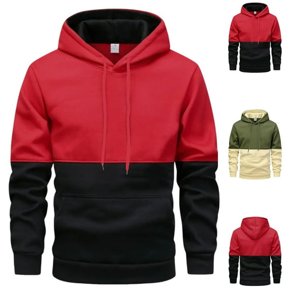 BXINGOHAI Mens Hoodies Pullover Sweatshirt Color Block Fleece Long Sleeve Patchwork Casual Hoodie with Pockets Today Red,S