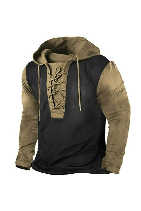 Mens Knight Hoodie Sweatshirts For Men Vintage Medieval Lace Up Pullover Shirts Gothic Steampunk Long Sleeve Hooded Tops Khaki,XL