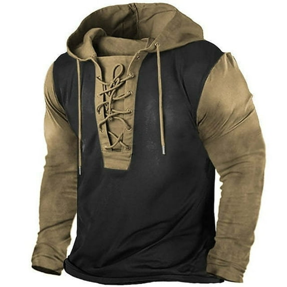 BXINGOHAI Mens Knight Hoodie Sweatshirts For Men Vintage Medieval Lace Up Pullover Shirts Gothic Steampunk Long Sleeve Hooded Tops Today Khaki,M