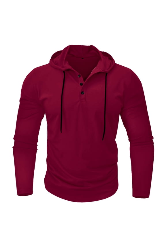 Mens Lightweight Hooded Sweatshirts Drawstring Button Hoodie Shirts Slim Fit Long Sleeve Pullover Sweatshirt Outdoor Athletic Workout Tops Wine,M